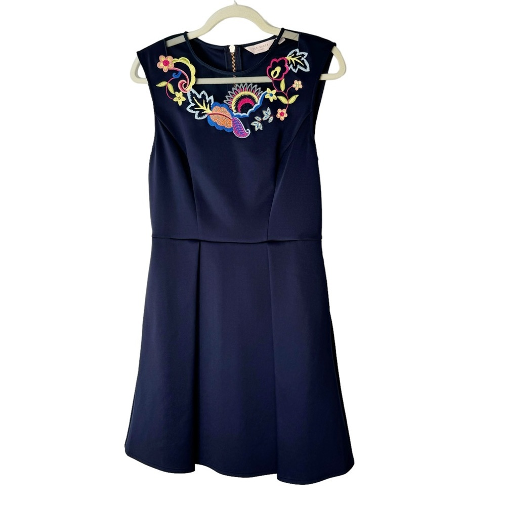 Ted Baker Floral Embroidered Navy Blue Fit Flare Dress Size 6